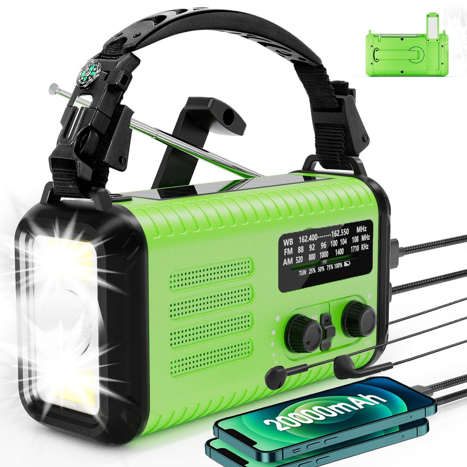 Rckskaya 20000mAh 74000mWh Emergency Crank Radio, NOAA Weather Radio AM FM Hand Crank Solar Flashlight, Battery Operated Cell Phone Charger, USB Charging, Reading Lamp, SOS & Compass for Emergencies